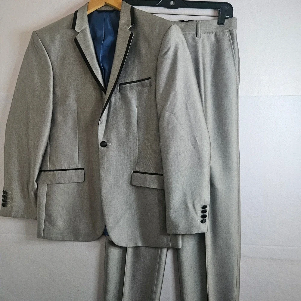 Eleganza Giorgio Sanetti Mens Suit Set Silver Grey Black Trim 38S 32x35 Pant